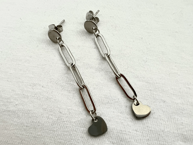Paperclip Heart Drop Chain Earrings - Stainless Steel
