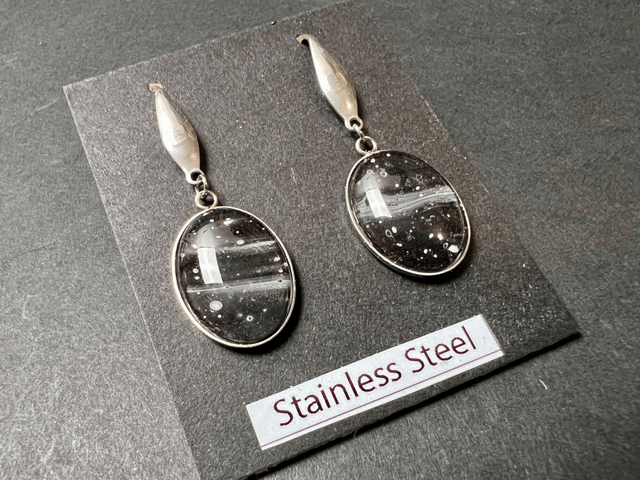 Black & Silver Oval Drop Earrings | Stainless Steel