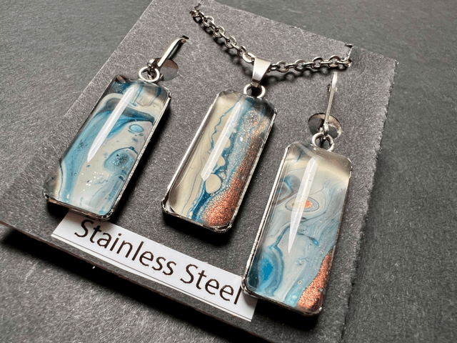 Cream, Blue & Copper Fluid Art Jewellery Set
