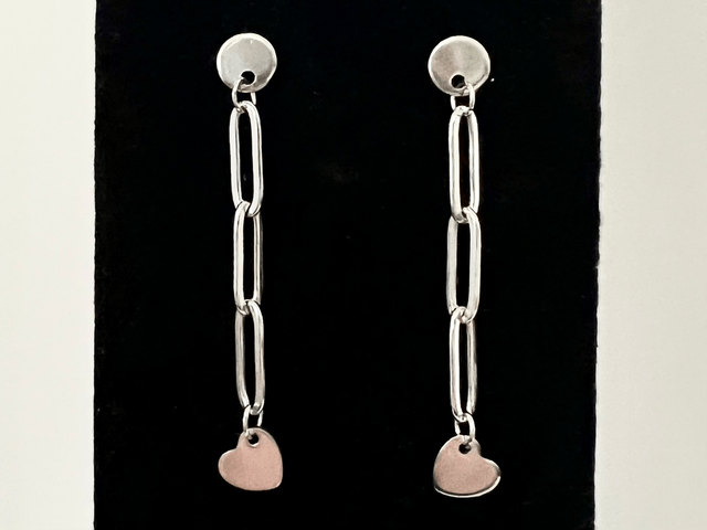 Paperclip Heart Drop Chain Earrings - Stainless Steel