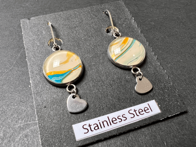 Cream & Turquoise Heart Dangle Earrings | Stainless Steel