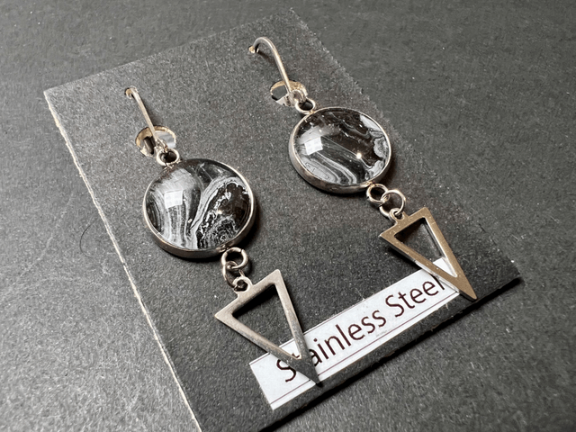 Black & Silver Triangle Drop Earrings | Stainless Steel