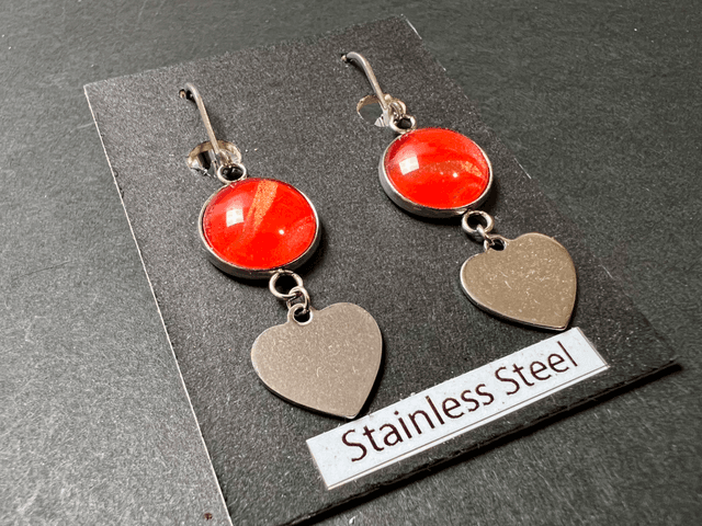Red &amp; Copper Heart Drop Earrings | Stainless Steel