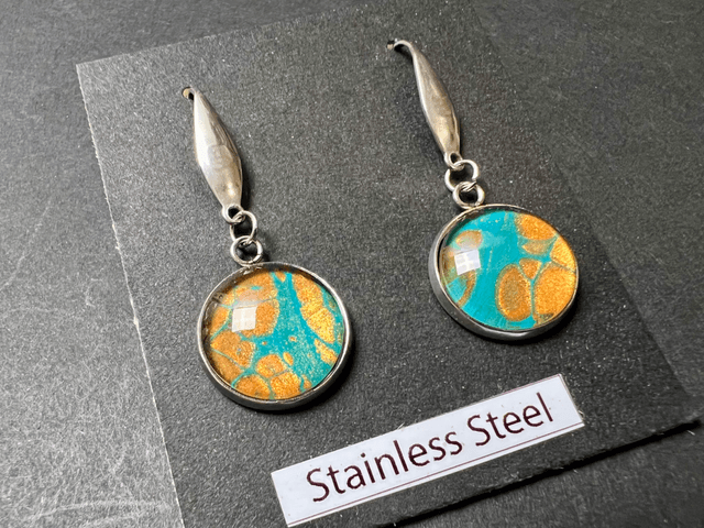 Turquoise &amp; Gold Round Drop Earrings | Stainless Steel